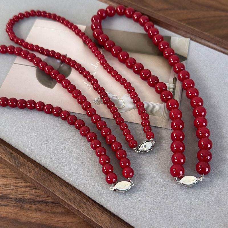 Minar Classic 6 8 10mm Red Color Glass Beads Strand Beaded Necklace for Women Silver Plated Ingot Clasp Sweater Chain Choker