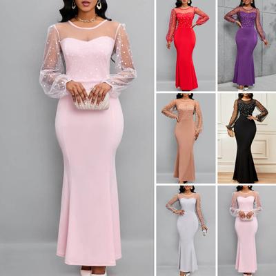 Long Sleeve Dress Elegant Slim Fit with Mesh Splicing Commuter Style Sexy Women's Dress Lady Accessories