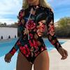 Women Long Sleeve One Piece Swimsuit Zip Front Flower Print Print Rash Guard Surfing Bathing Suit