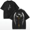 Gothic Angel Cross Printed T-shirt Hip Hop Trendy Y2k Washed T Shirt Summer Short Sleeve Loose Polyester Tee Tops Men's Clothing
