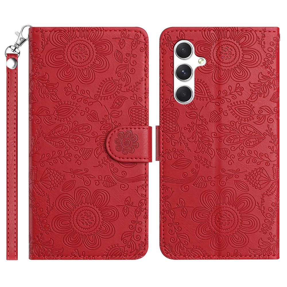 For Samsung Galaxy S25 FE Case Flower Imprint Leather Flip Wallet Phone Cover with Wrist Strap