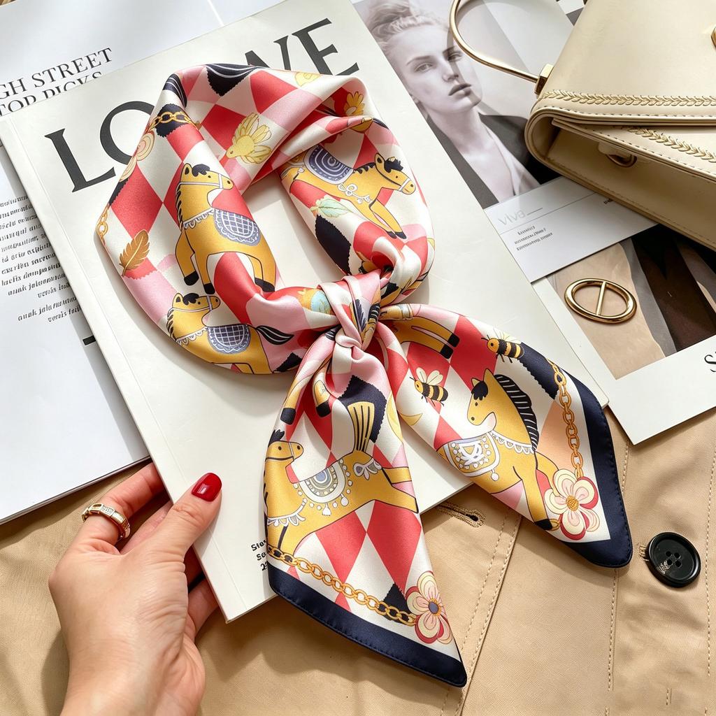 Commuter elegant flower silk scarf women's contrasting color retro printing satin scarf shirt with multi-purpose decorative small scarf