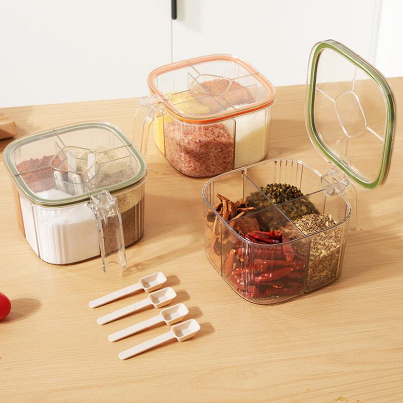 Multi-Grid Salt Seasoning Box With Spoons And Sealed Lid Transparent Spice Jar Chili Powder Sugar Bowl Moisture-Proof Container