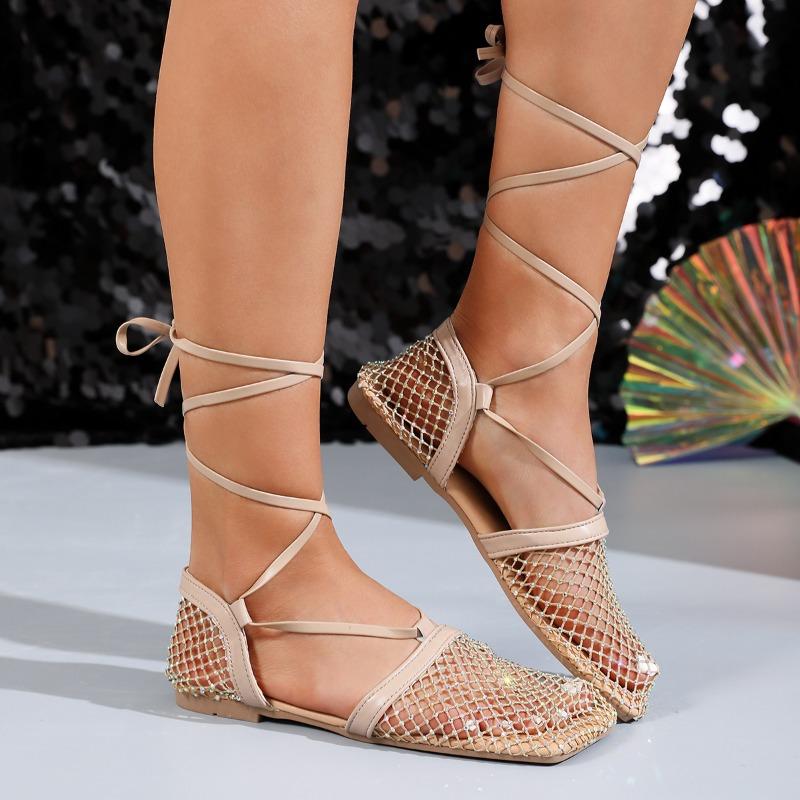 Fashion Fashion Cross Thin Belt Sandals Summer New Square Head Shallow Mouth Rhinestone Mesh Cloth Breathable Soft Sole Flat Shoes