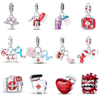 100% Kupfer Rotes Herzförmiges Krankenschwester Medizinbox Stethoskop Charms Perlen Passend für Qikaola Original Armbänder DIY Schmuck