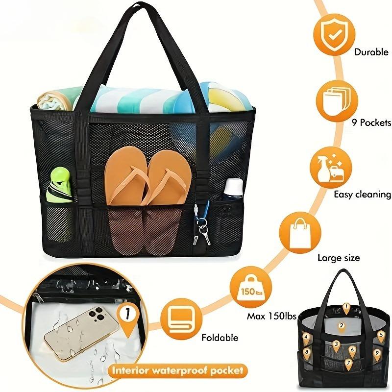 Large Capacity Mesh Beach Tote Bag for Swimming, Shower, Fitness & Travel, Foldable Grocery Zipper Bag, Summer Beach Essential