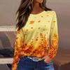 Women's Casual Long Sleeve Maple Leaf Print Round Neck Blouse for Everyday Wear