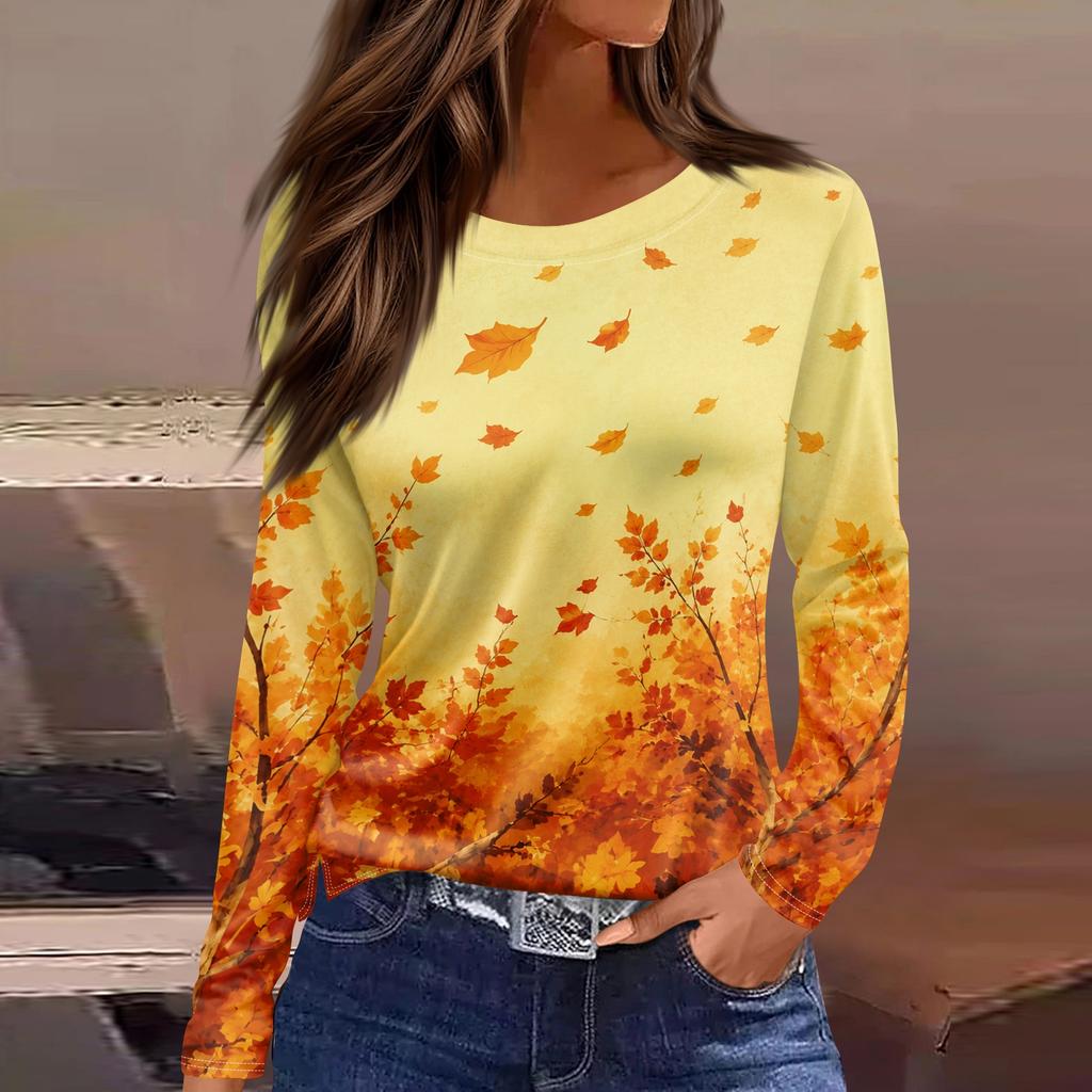 Women's Casual Long Sleeve Maple Leaf Print Round Neck Blouse for Everyday Wear