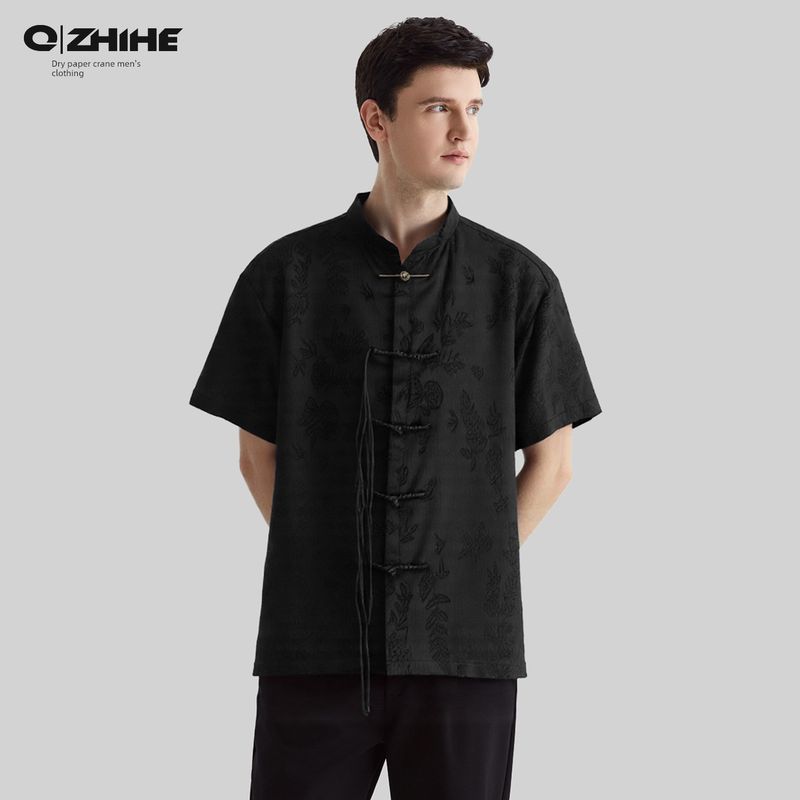 

Paper Crane Men s Clothing Short sleeve Shirts Men s Ice Silk Casual Shirt Summer High end Chinese Fashion Top Men s 6656 02A Ten-Faced Black M