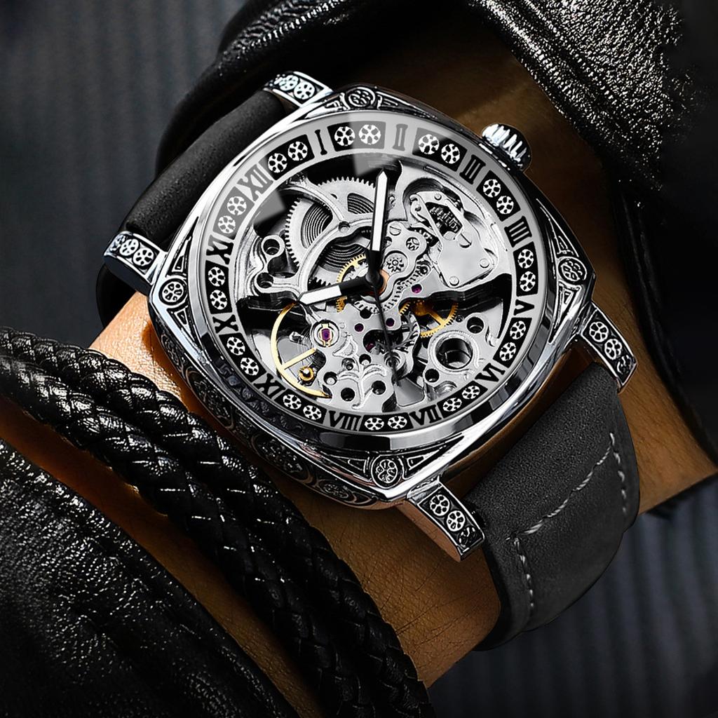 M28 New Trendy Men Watch Night Light Waterproof Carved Flower Mechanical Watch Cool Clock Giftwatches for Man