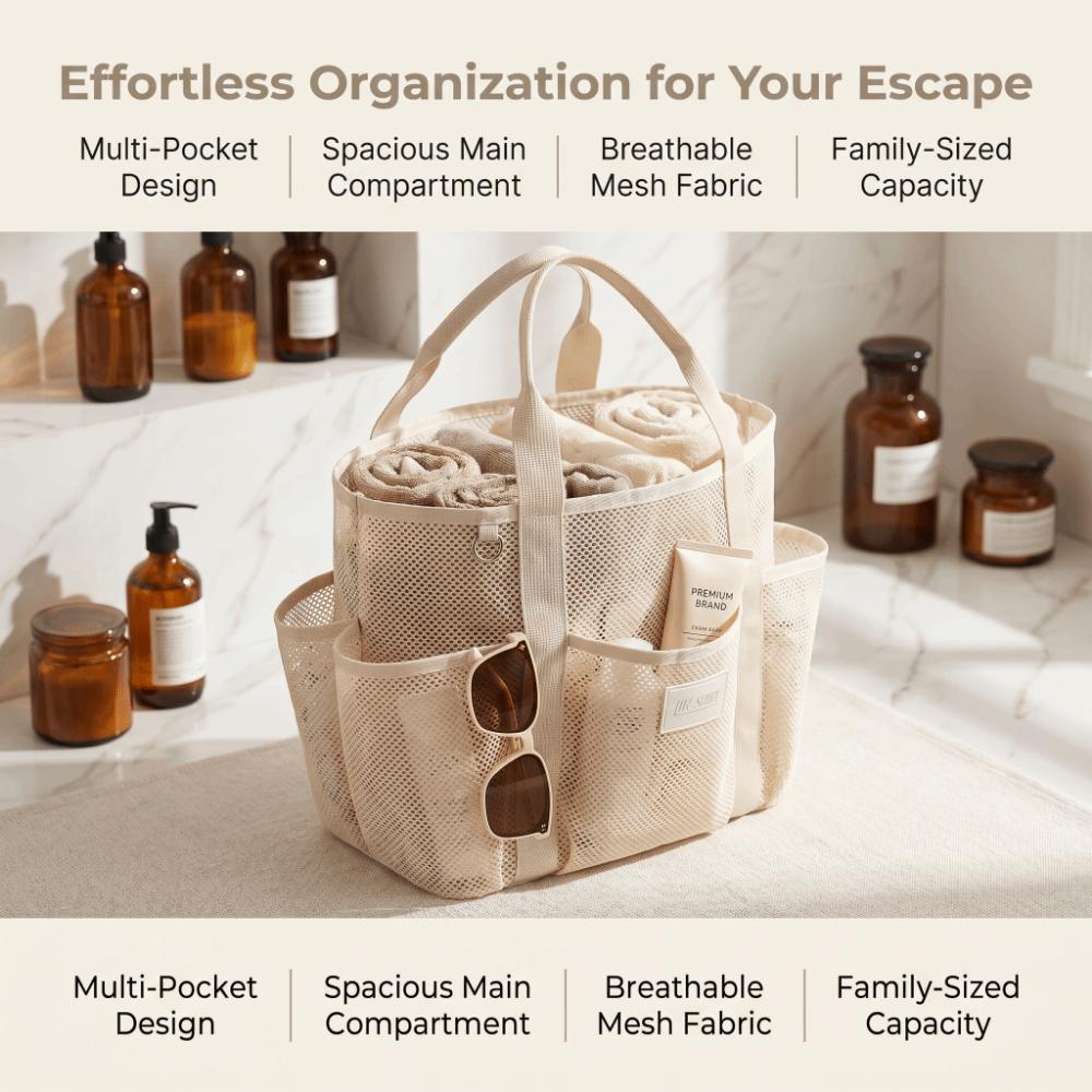 Internal Compartments Large Beach Tote Bag Multi-level Zoning Mesh Shower Bag Travel