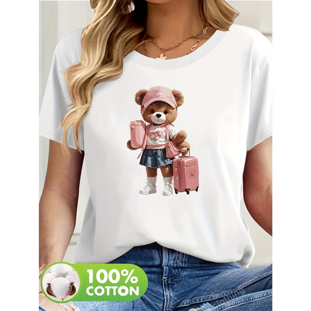 Women's T-Shirt with Cute Bear Print - Short Sleeve Round Neck Casual Blouse Top