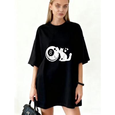 Oversized T Shirt Dress Black 8 Ball And Cat Print Casual Streetwear For Women