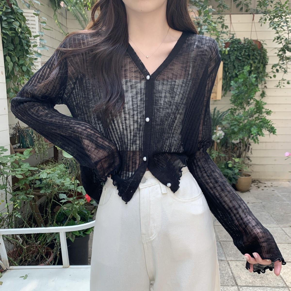 

Жіночий сонцезахисний кардиган літо 2023 – тонкий, вільний, короткий, в язаний з шовку льоду з дерев яною обробкою вух One Size чорний