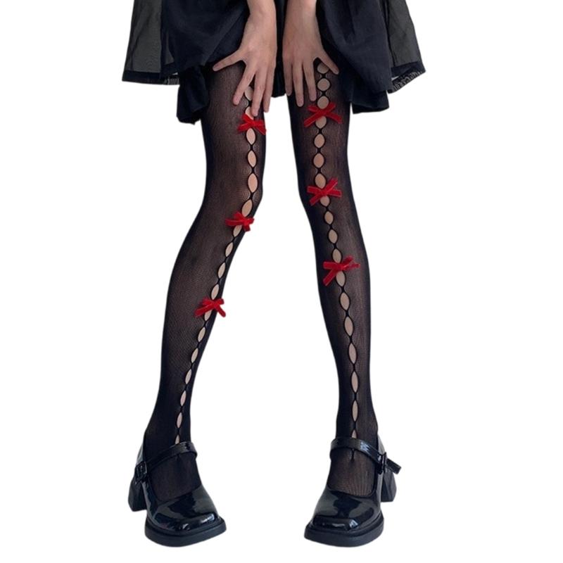 Women's Fishnet Stockings with Bowtie Girls Fish Net Tights with Designs High Waist Pantyhose Thigh High Stockings