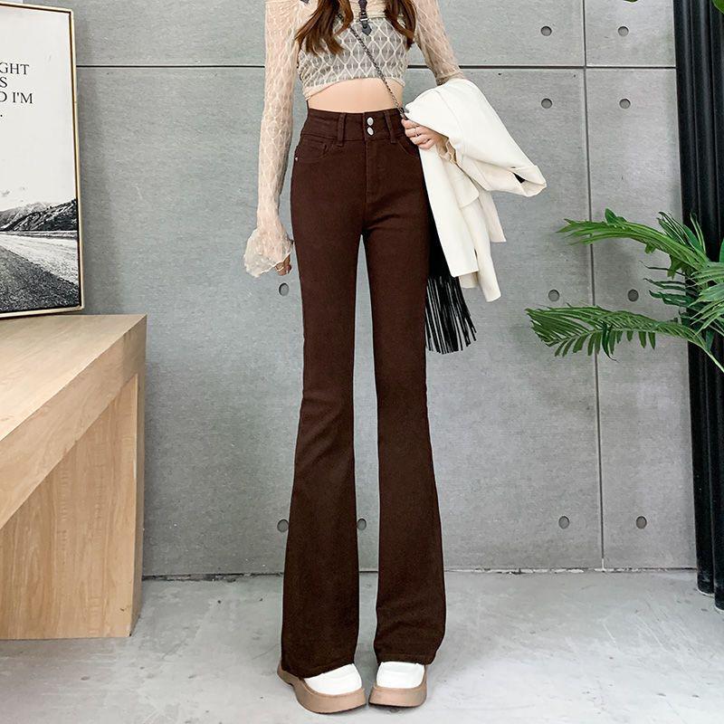Women's High Waist American Style Brown Flare Jeans, Plus Size, Slimming Bell Bottom - Perfect for 2025 Spring/Autumn Trends.