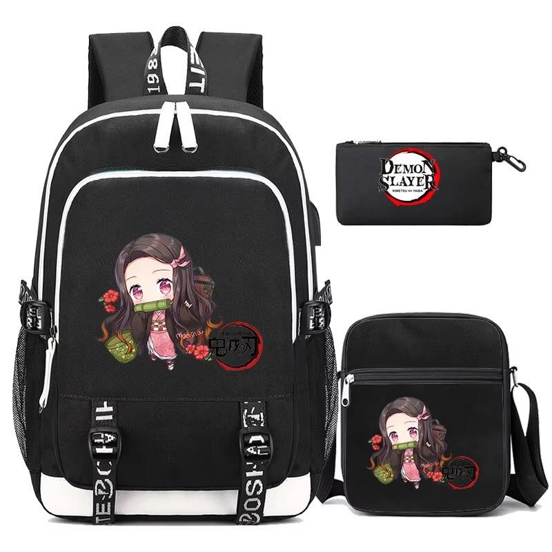 New student schoolbag three-piece set, ghost extinguishing peripheral printed backpack, men's and women's versatile casual shoulder bag, pencil bag.