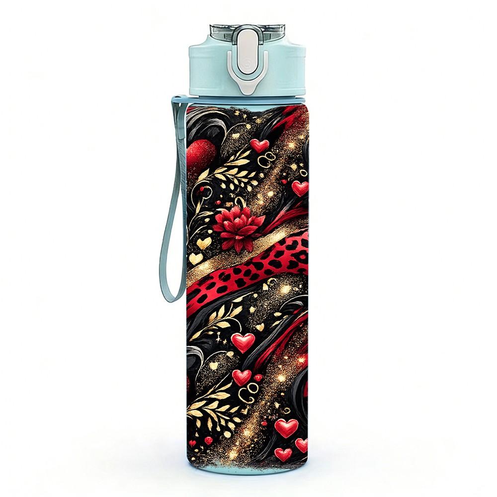 1PC Red Black Rose Dark Floral Art Print 750ml Color Plastic Sports Water Bottle Leakproof Flip Straw Lid Suitable for Sports Office Home Use