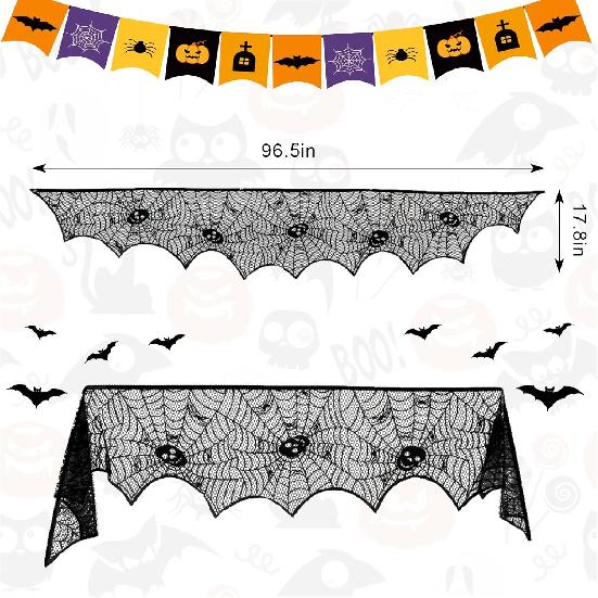 Halloween Mantle Scarf for Table Window Curtain Kitchen Decoration Halloween Table Runner Black Lace Spiderweb Mantle Cover for Halloween Indoor