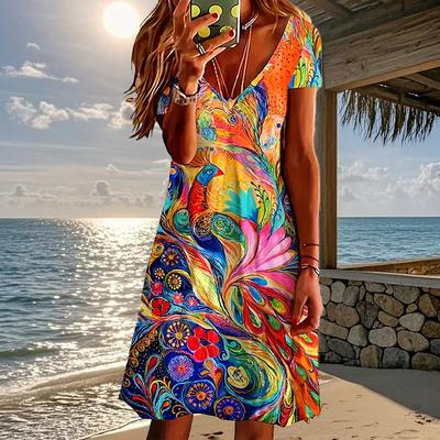 Summer Fashion Women's V Neck Short Sleeve Phoenix Printed  Dress Sex Short Skirt Dresses