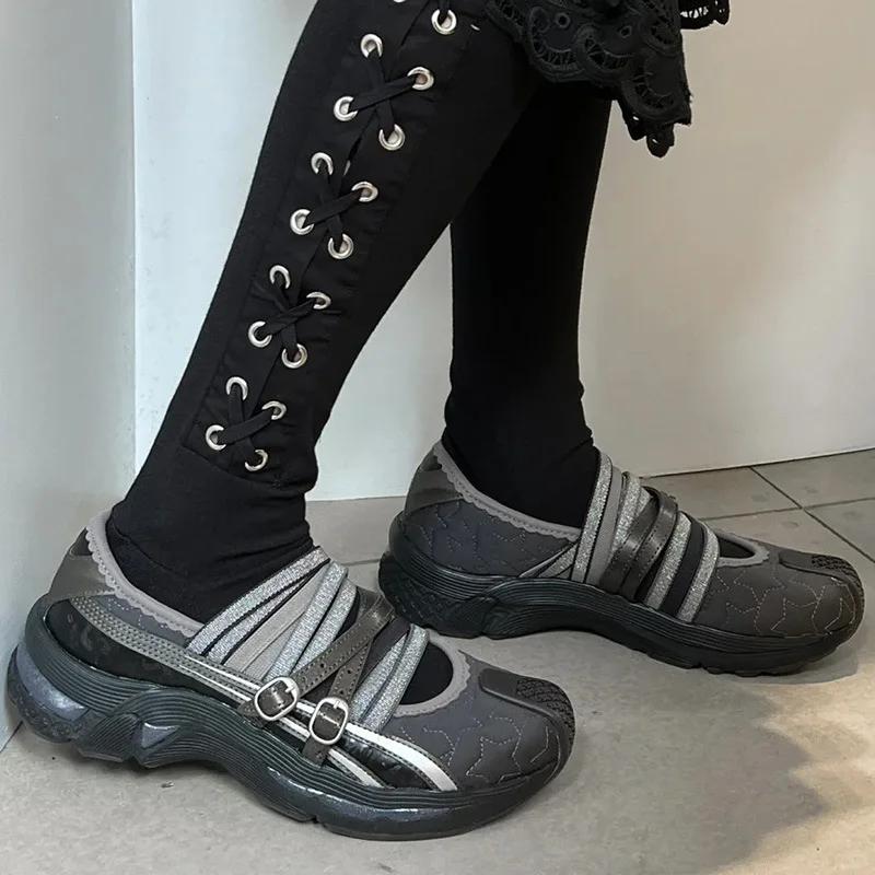 Mary Jane Sneakers Women Trendy Fashion Street Thick Bottom Shoes Flat Casual Women Strappy Ballet Sneakers Black