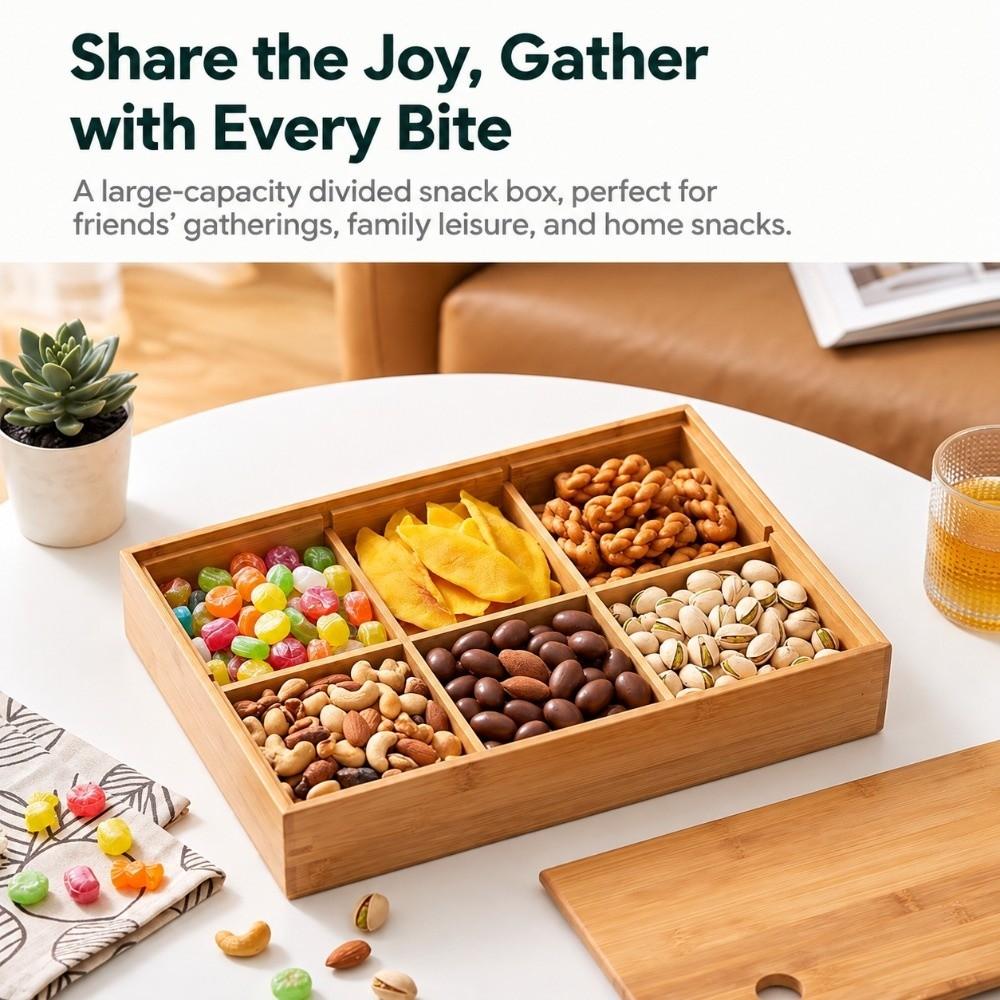 Bamboo Divided Nut Tray 6 Grid Lidded Dried Fruit Container  Festive Food Display