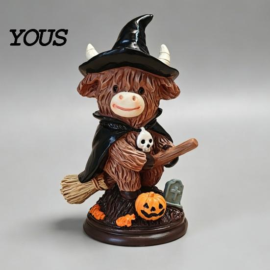 Halloween Highland Cow Decor Figurine, Witch Pumpkin Skull Statue, Resin Scottish And Skeleton Figurine Ornament for Calf Lovers, Shelf, Tiered Tray,