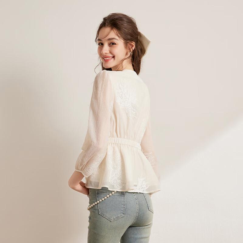 Bailuyu Women's V-Neck Embroidered Sequin Lace Slim-Fit Shirt