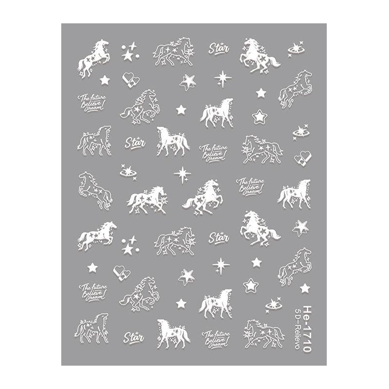 Chinese Style 5D Black and White Galloping Horses Cartoon Nail Stickers - He1711