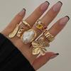 New Vintage Irregular Exaggerated Flower Open Rings Set For Women Elegant Imitation Pearl Ring Baroque Party Jewelry Accessories
