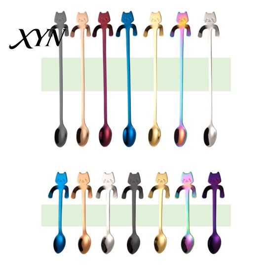 Coffee Cup Stirrer 304 Stainless Steel Spoon, Hanging Cat Spoon for Mugs Tall Cups, Long Short Handle Tea Stirring Ideal Desserts & Ice Cream