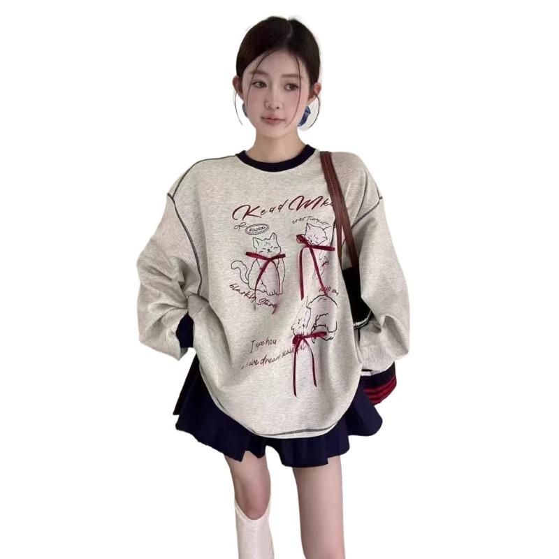 Cat Printed Bow Decoration Woman Hoodie Round Neck Women's Long Sleeved Pullover Tees Autumn Casual Loose Female Fashion Top