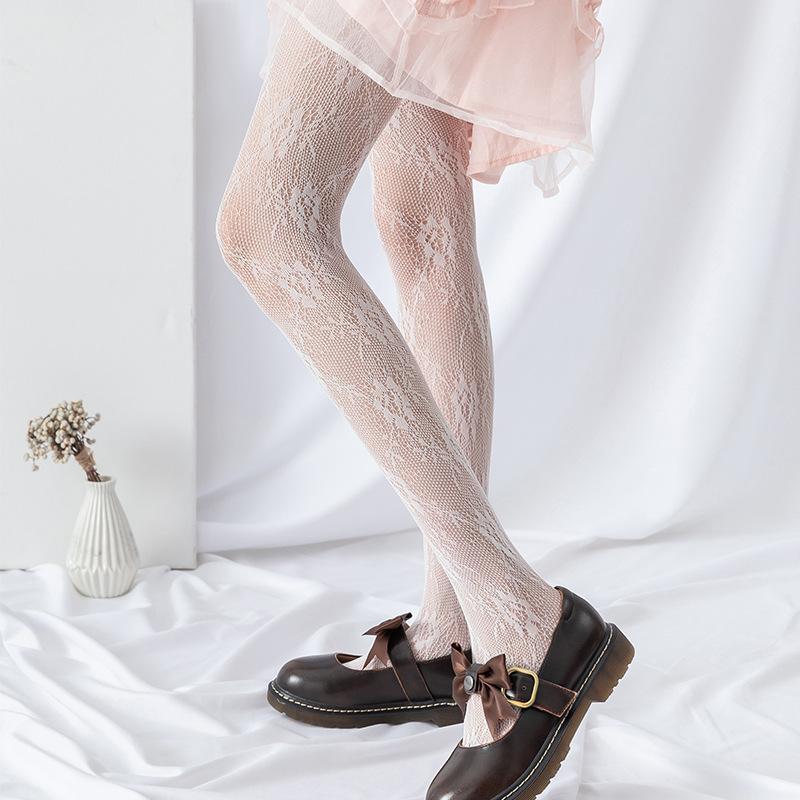 Doiaeskv Hollow Lace Mesh Stockings With Bottom Lolitapantyhose Lolita Retro Floral Vine White Black Fishnet Stockings For Women