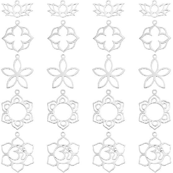 UNICRAFTALE 20pcs 5 Styles Flower Hollow Charm Open Back Bezel Pendants Stainless Steel Frame Charms Dangle Charms Yoga OM Lotus for Resin Pressed