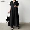 ZANZEA Women Casual Turn Down Collar Loose Short Sleeve Long Dress