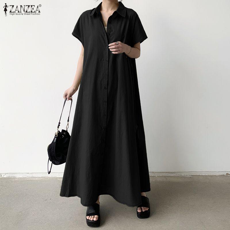 ZANZEA Women Casual Turn Down Collar Loose Short Sleeve Long Dress