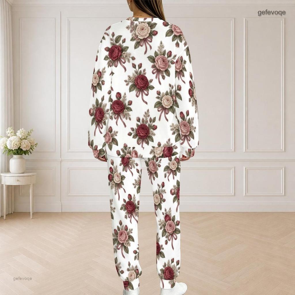 Women Plus Size White Floral Printed Round Neck Long Sleeve Top And Long Pants Two Piece Set