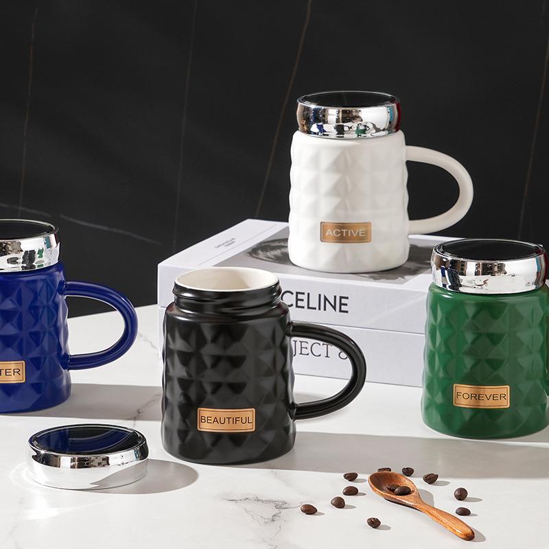 Diamond Shaped Mirror Cup with Lid Ins Style Ceramic Cup Set Office Cup Creative Personality Mug Souvenir Gift Cup