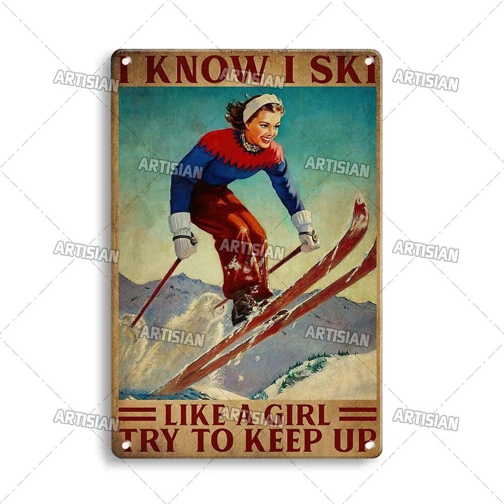 Artisian Skiing Metal Poster Snowboarding Tin Sign Sledding Sport Decorative Plaque Wall Decor Garage Bar Pub Club Hotel Cafe