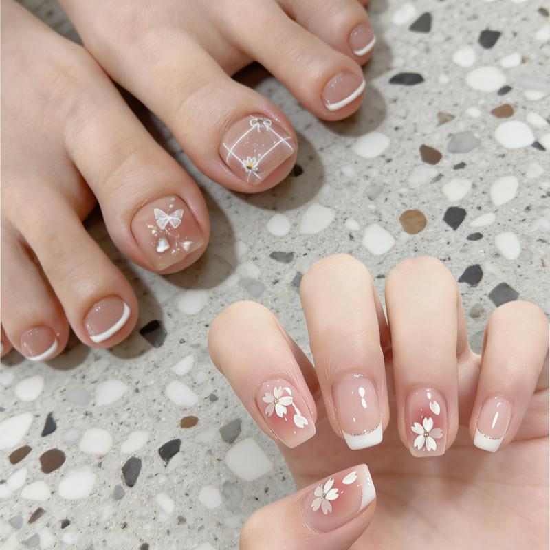 

BEPAN 24+24Pcs Hand and Foot Nails —Features Short Floral French Press-on Nails for Hands and Feet Perfect As A Summer Gift for Women