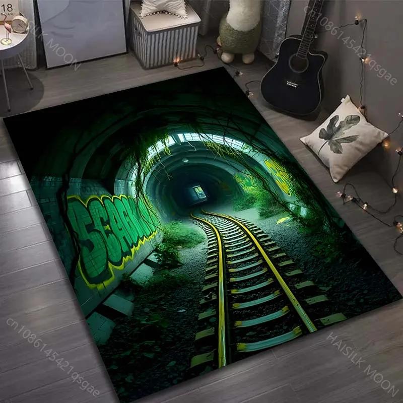Next Day Shipping Dark Train Tunnel Printed Carpet for Bedroom Living Room Bedside Sofa Floor Mat Modern Home Decor Rug Gifts