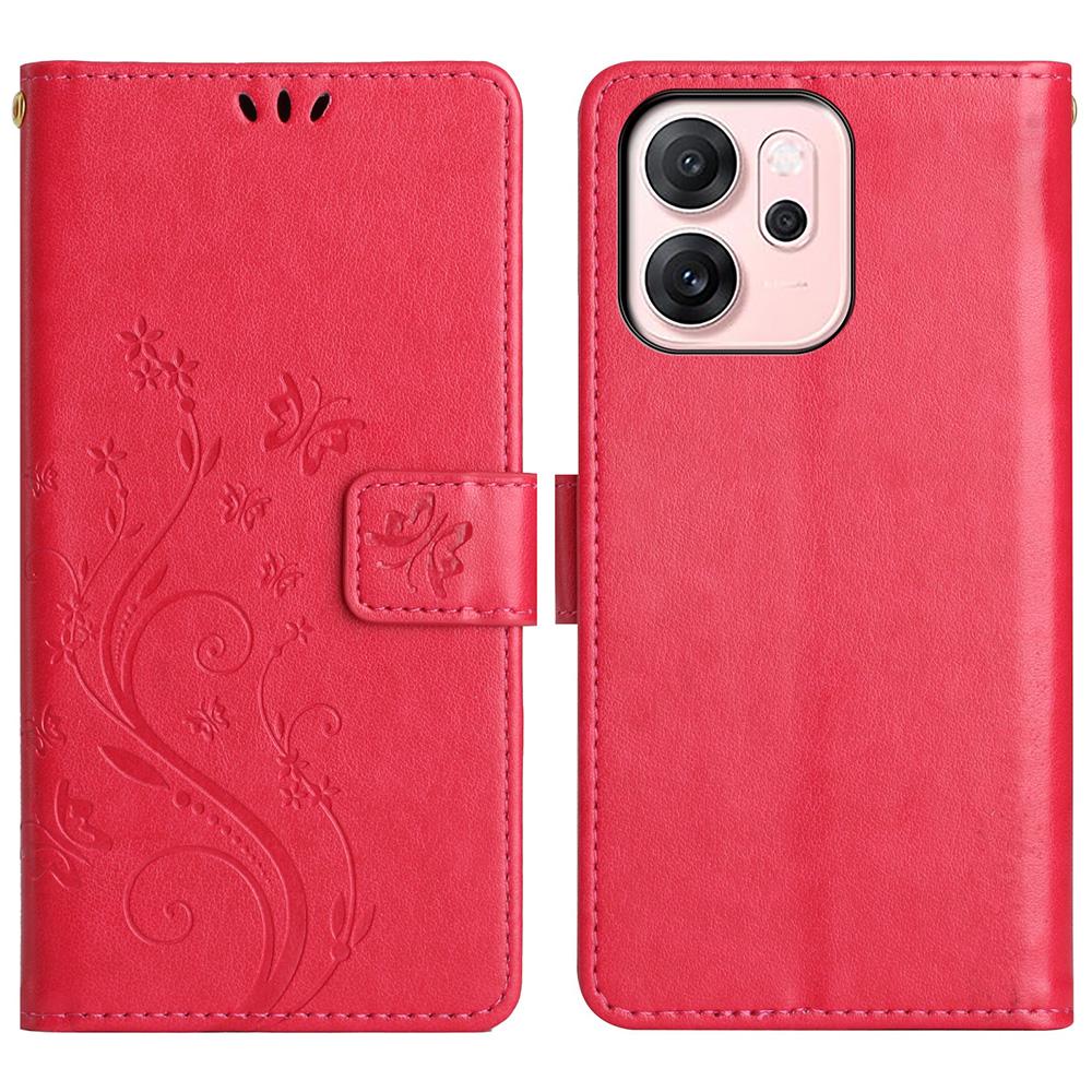 For Oppo Reno14 F 5G Leather Wallet Case Butterfly Flower Imprinted Phone Cover with Strap