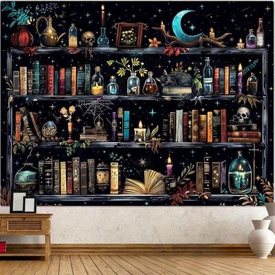 1 Stück Hexen Bücherregal Wandteppich Gotische Bibliothek Wandbehang Himmlischer Totenkopf Dekor Schlafzimmer Wohnheim Back-to-School Saison Herbstgeschenke