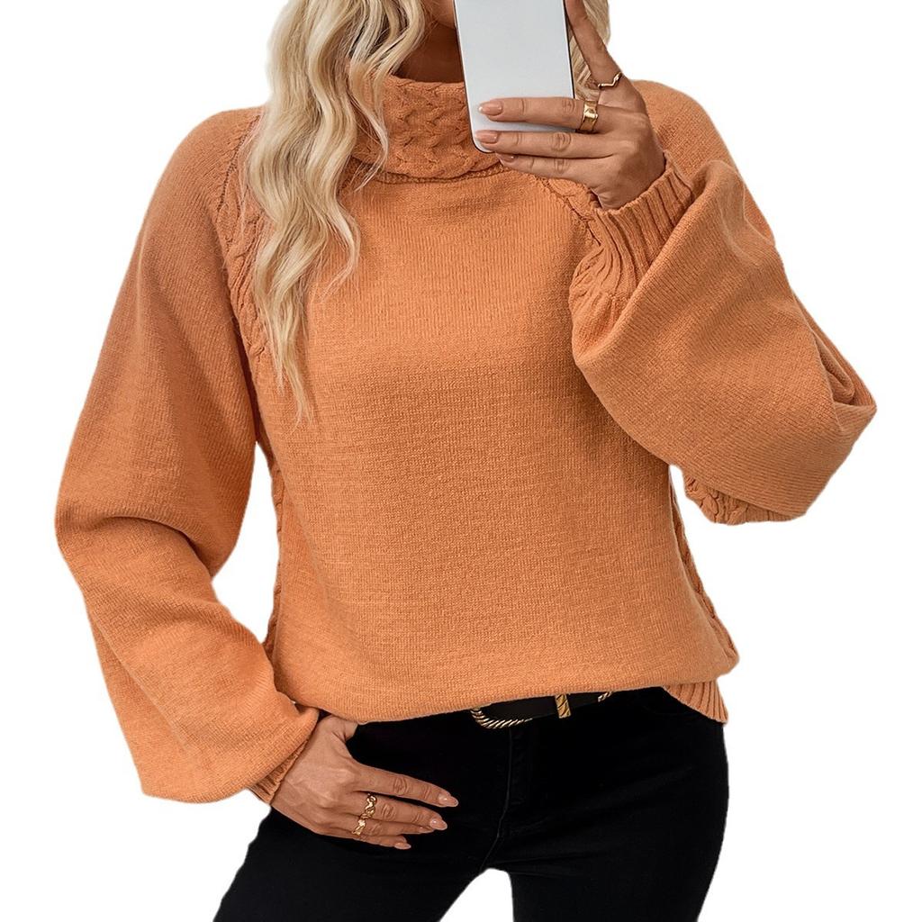 Loose Casual Sweater: High Neck Cable Knit with Bell Sleeves Luxurious Relaxed-fit Slimming and Versatile Top