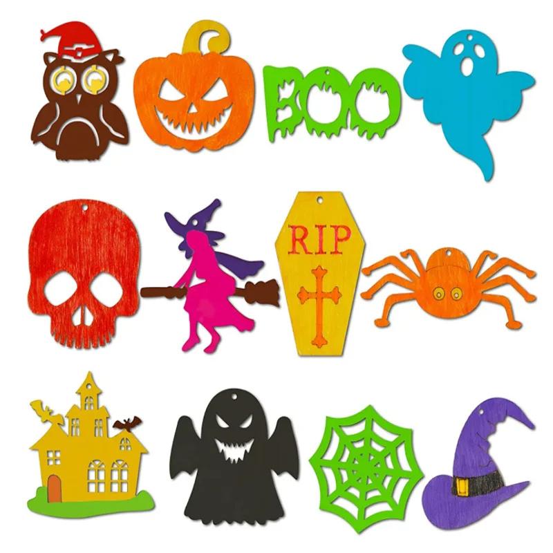 6Pcs Halloween Wooden Crafts Spider Pumpkin Ornament For Halloween Home Party Hanging Decorations Kids DIY Painting Gifts