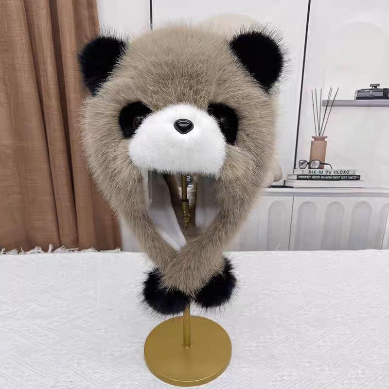 Parent-child Autumn and Winter Cute Plush Panda Hat Thick Warm Large Head Circumference Imitation Fox Fur Pullover Hat Earmuffs Hat