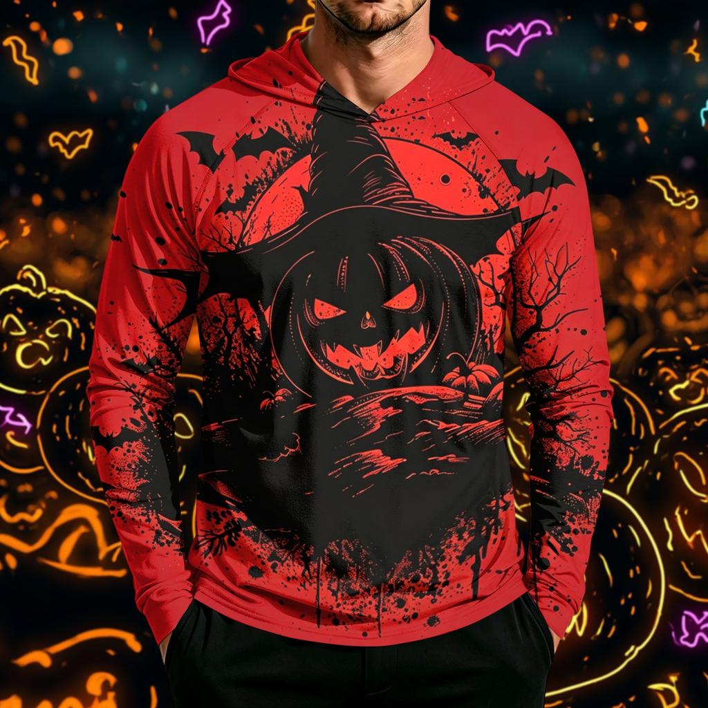 Men's Long Sleeve Hoodie Sun Shirt with Halloween Print