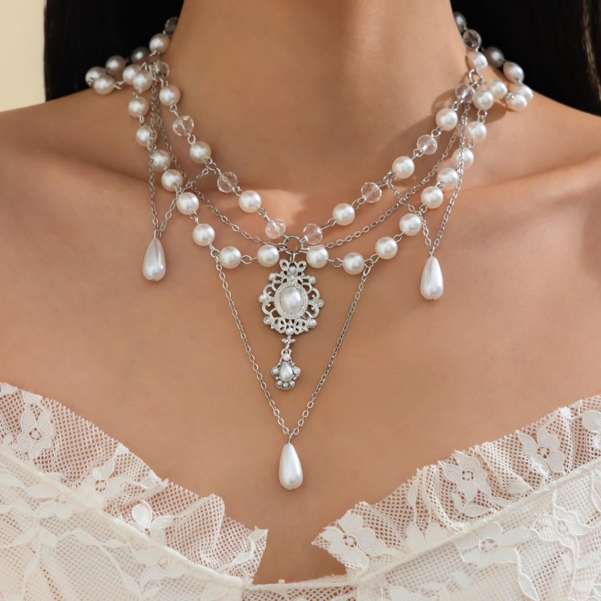 

Lacteo Vintage Luxury Water Drop Imitation Pearl Pendant Necklace for Women Elegant Multilayer Beads Chain Choker Jewelry