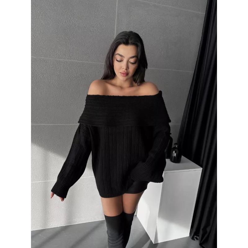 Autumn Winter Loose Casual One Word Collar Solid Sweater Women Sexy Off the Shoulder Bottomed Knitting Top