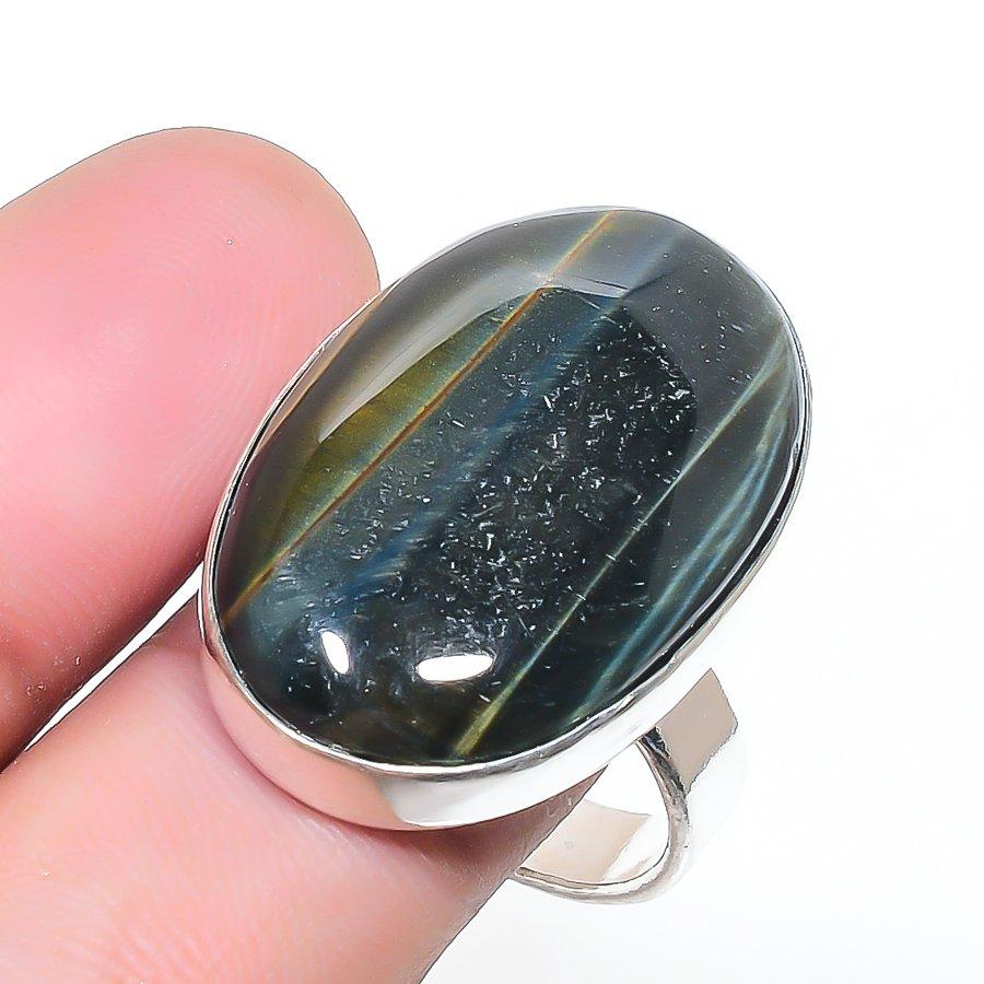 Natural Black Tiger Eye Gemstone 925 Sterling Silver Jewelry Ring Size 9 AR-16969